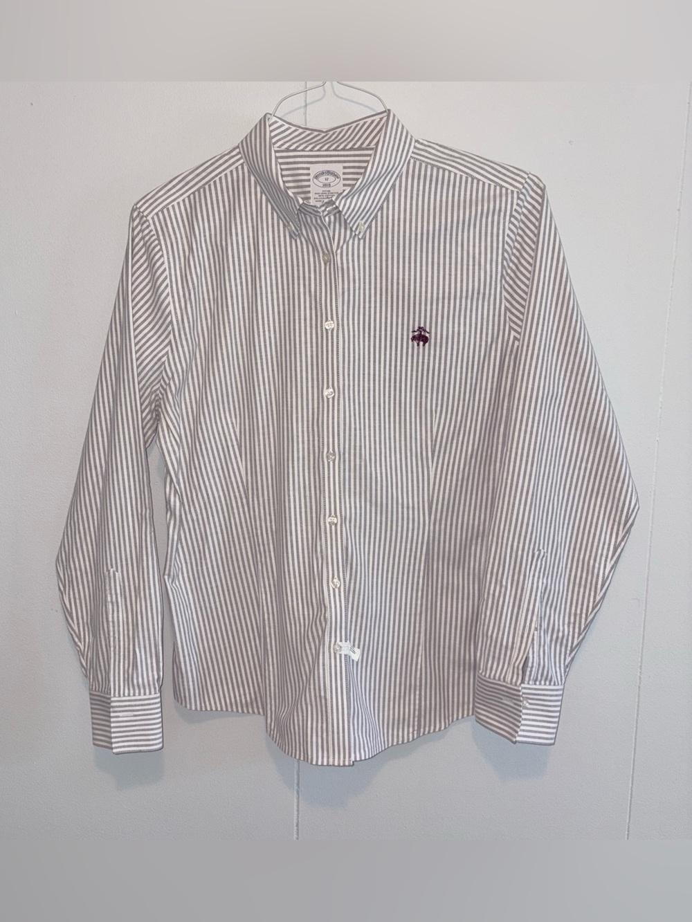 Brooks Brothers 1818 Fitted Non Iron Stretch Gray Stripe Button Shirt Womens 12